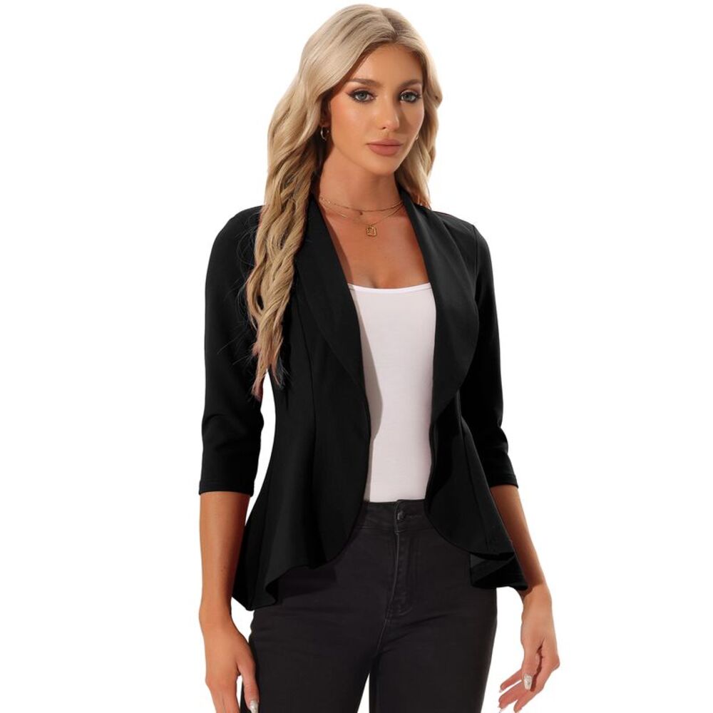 Open Front Blazer Women's Draped Collar 3/4 Sleeve Ruffle Office Blazer Black